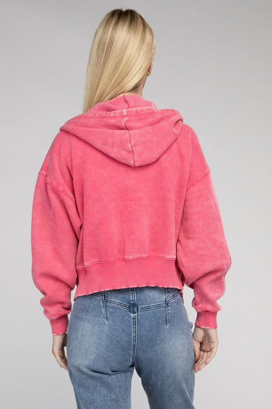 Acid Wash Fleece Cropped Zip-Up Hoodie king-general-store-5710.myshopify.com