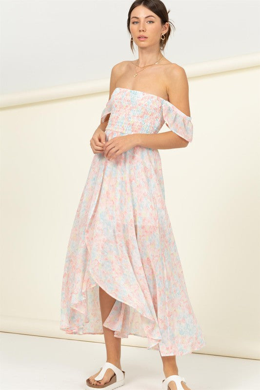 Off The Shoulder Pastel Floral Smocked Midi Dress