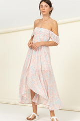 Off The Shoulder Pastel Floral Smocked Midi Dress