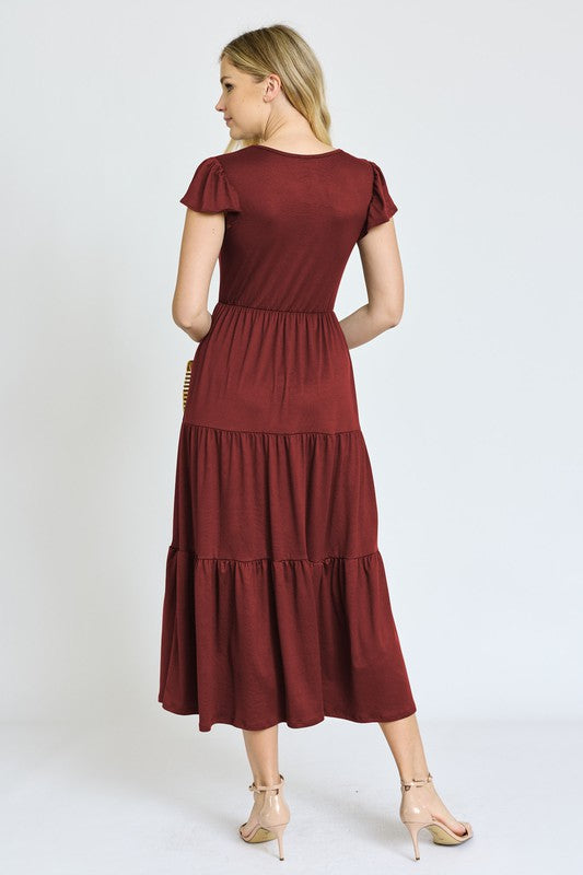 Solid Flutter Sleeve Tiered Tea Length Dress king-general-store-5710.myshopify.com