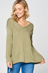 Solid Light Knit V-Neck Cold Shoulder Sweater