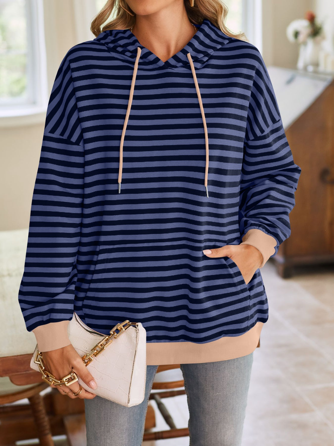 Lovelet Drawstring Striped Long Sleeve Hoodie