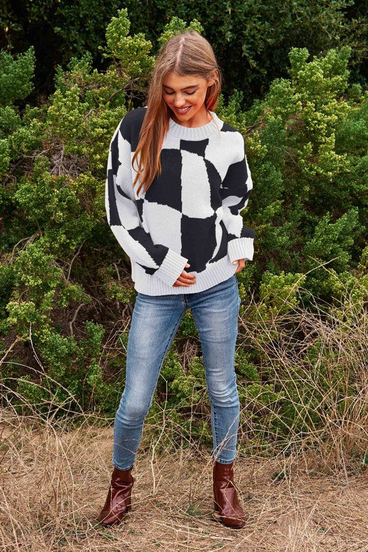 Multi Geo Checker Pullover Knit Sweater Top king-general-store-5710.myshopify.com