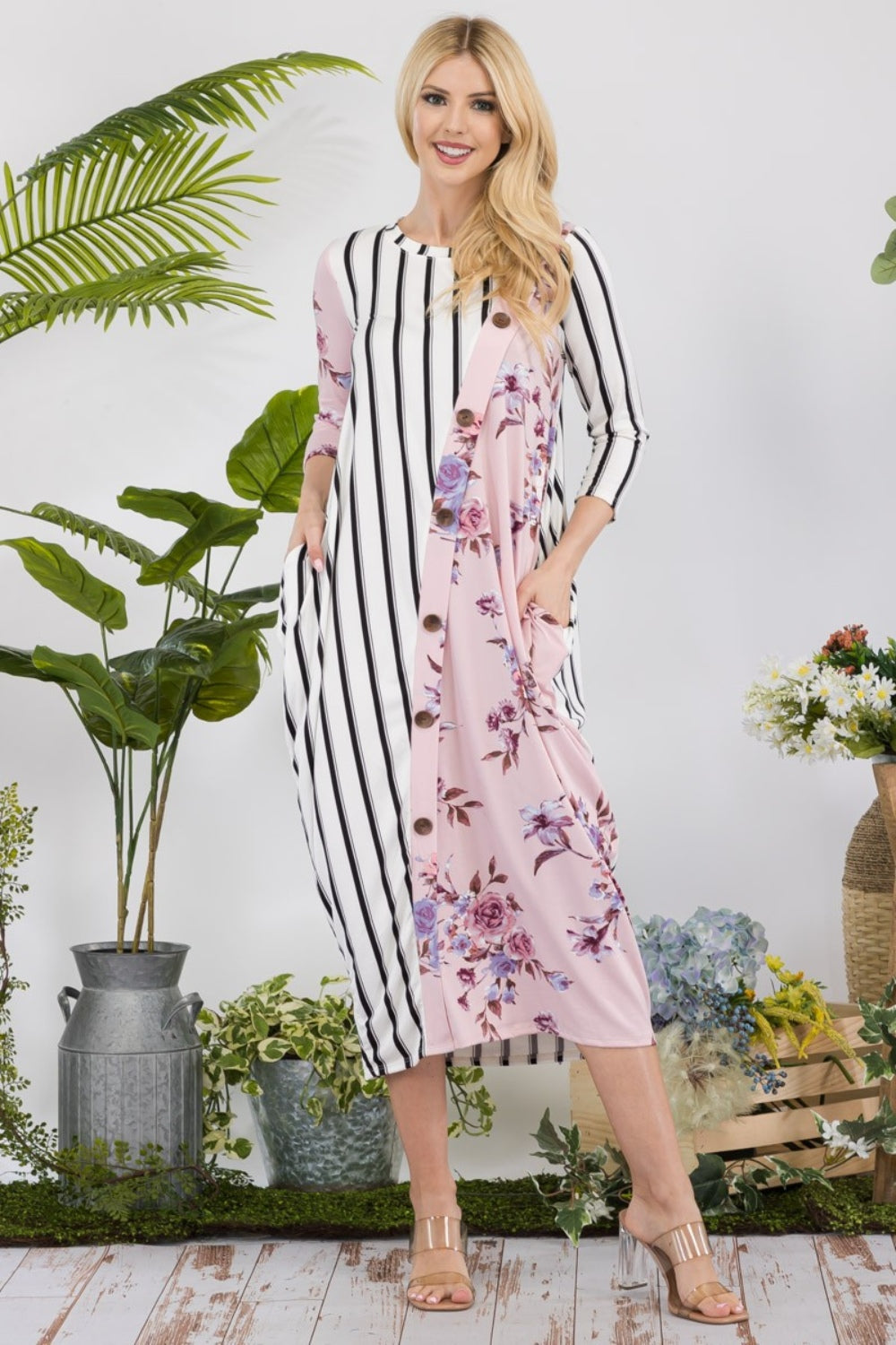 Celeste Full Size Floral Striped Contrast Midi-Dress with Pockets