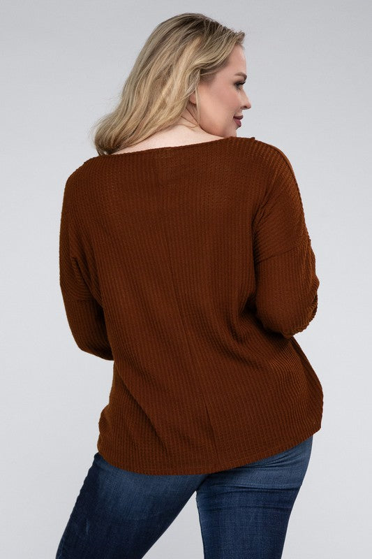 Plus Brushed Waffle V-Neck Button Detail Sweater king-general-store-5710.myshopify.com