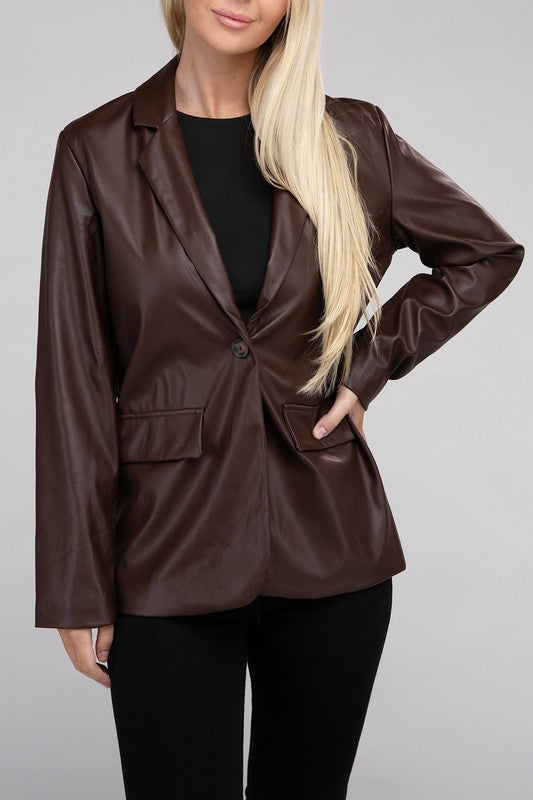 Sleek Pu Leather Blazer with Front Closure king-general-store-5710.myshopify.com