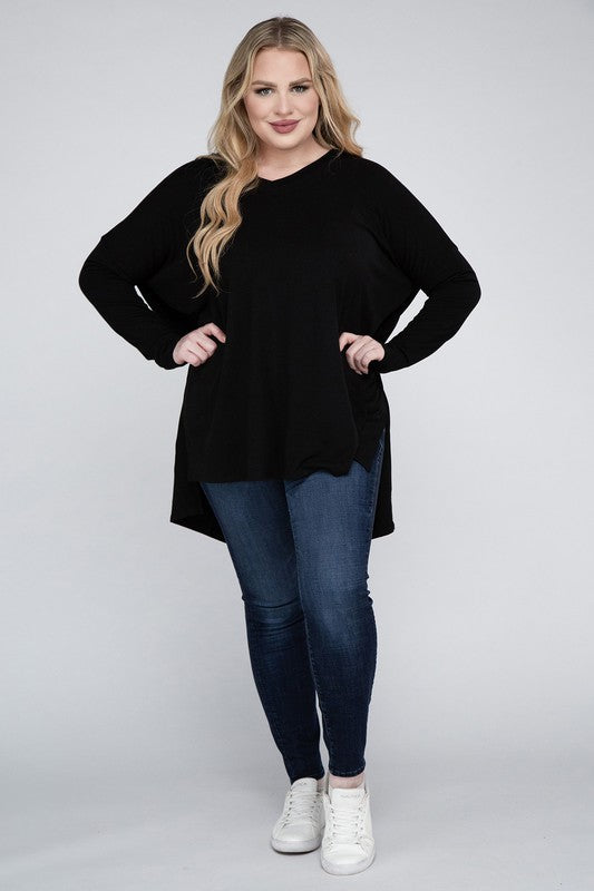 Plus Dolman Sleeve V-Neck Side Slit Hi-Low Hem Top king-general-store-5710.myshopify.com