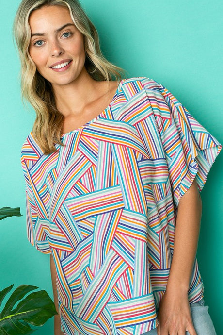 MULTI GEO PRINT WOVEN KIMONO TOP