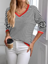 Contrast Trim Striped V-Neck Long Sleeve Knit Top