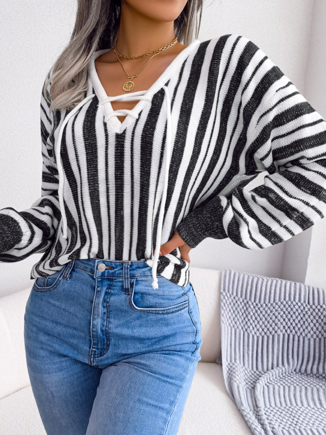 Striped Lace-Up Long Sleeve Sweater