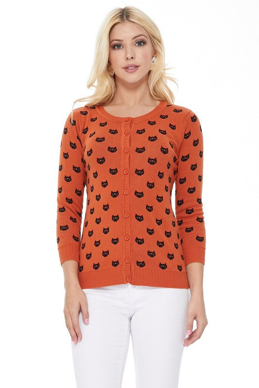 Round Neck Cat Patterned Cardigan Sweater king-general-store-5710.myshopify.com