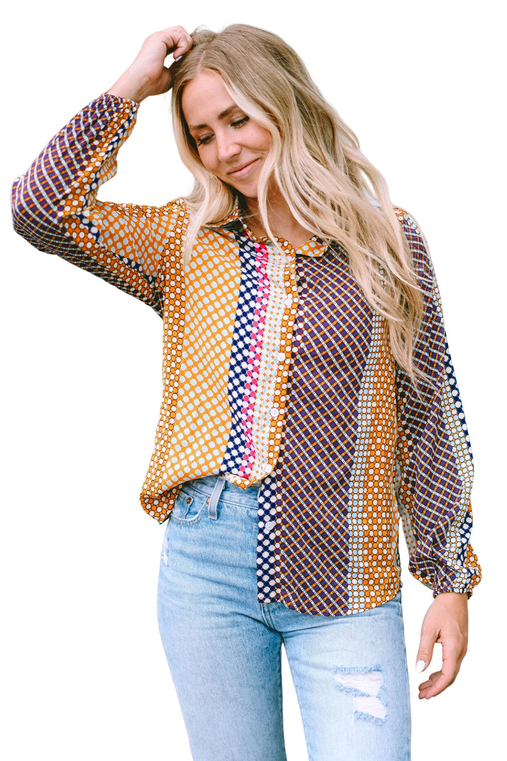 Brown Dot Print Long Sleeve Button Down Shift Shirt king-general-store-5710.myshopify.com