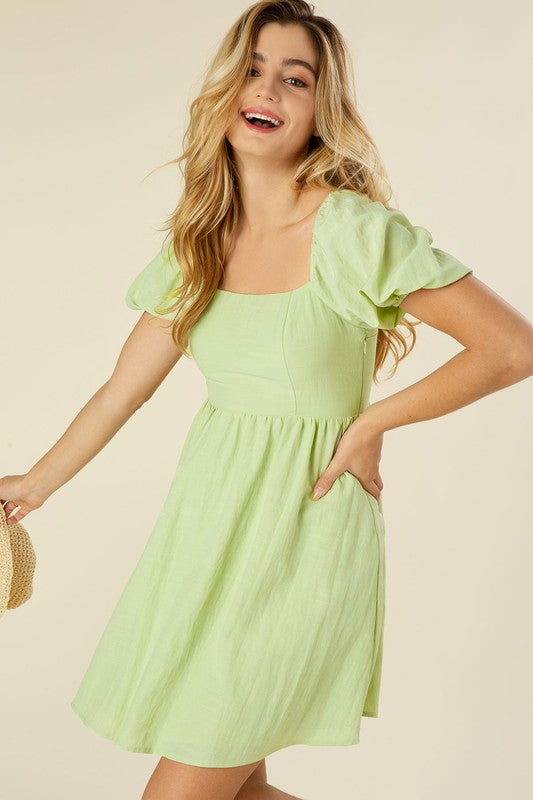 Green Tie Back Dress with Puff Sleeves king-general-store-5710.myshopify.com