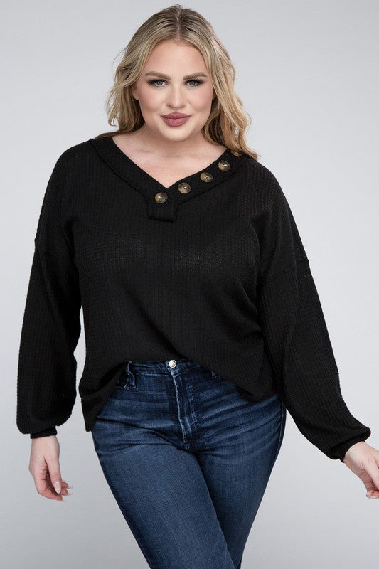 Plus Brushed Waffle V-Neck Button Detail Sweater king-general-store-5710.myshopify.com