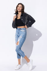 Crop Denim Jacket with Rhinestone Fringe