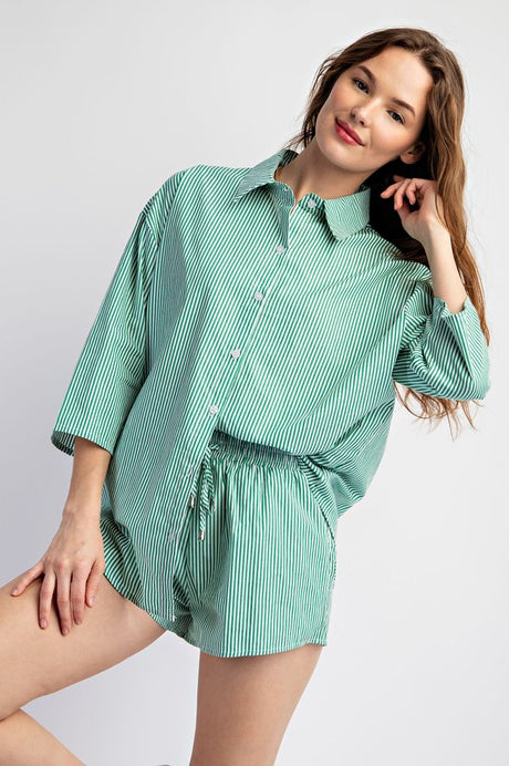 Kelly Green Soft Woven Oversize Striped Shirt & Short Set