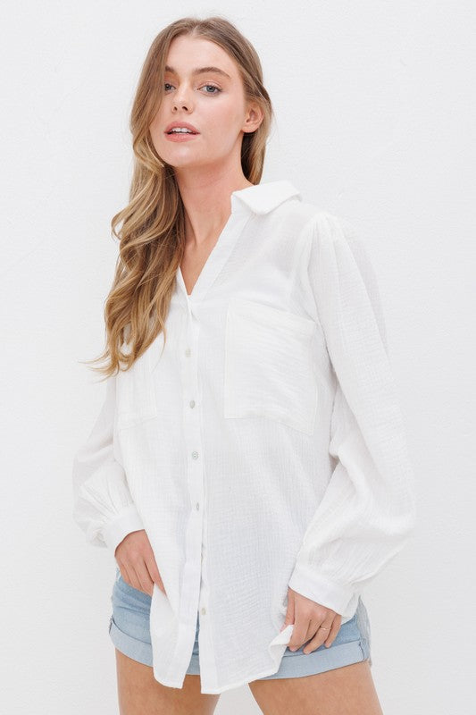 Textured Gauze Button Down Puff Sleeves Blouse Top Shirt