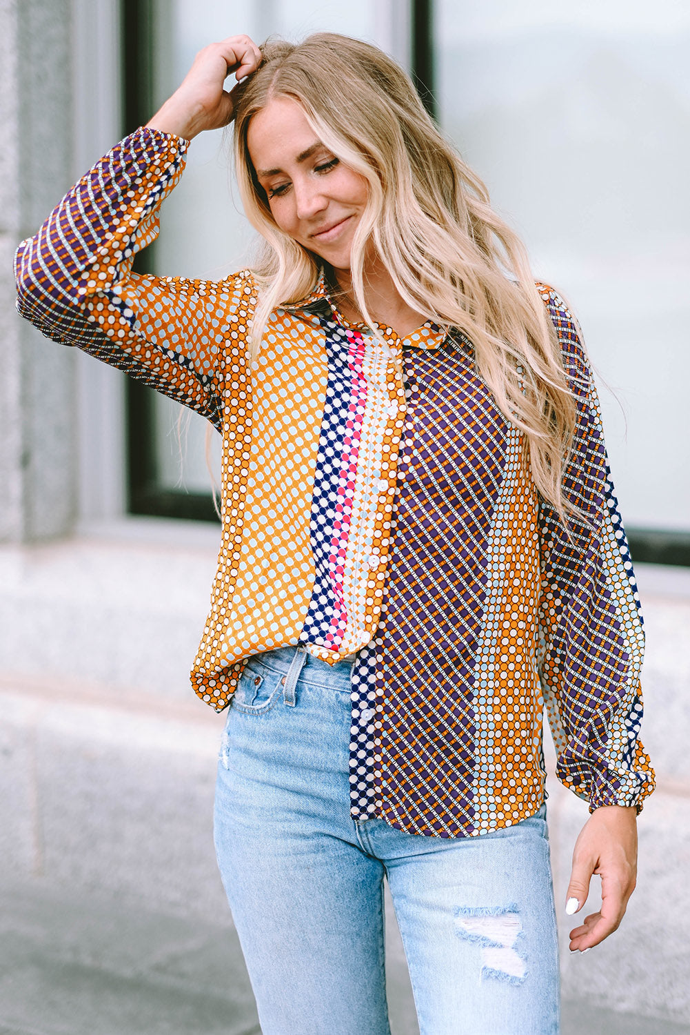 Brown Dot Print Long Sleeve Button Down Shift Shirt king-general-store-5710.myshopify.com