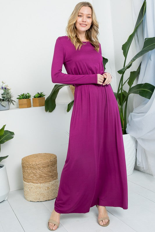 Solid Long Sleeve Elastic Waist Maxi Dress