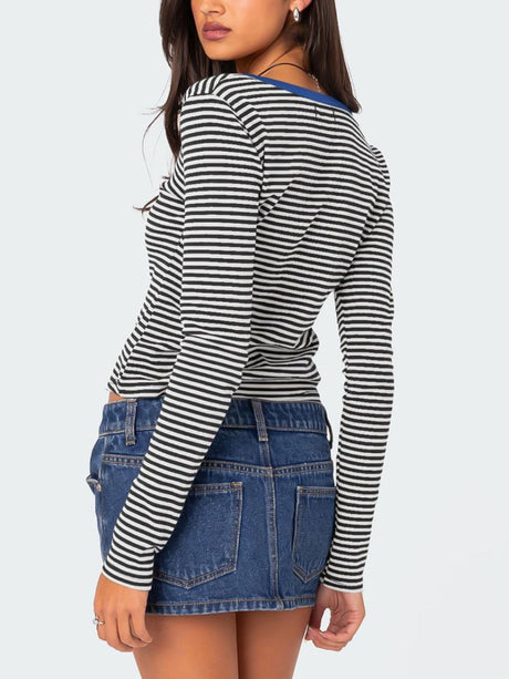 Buttoned Striped Long Sleeve T-Shirt