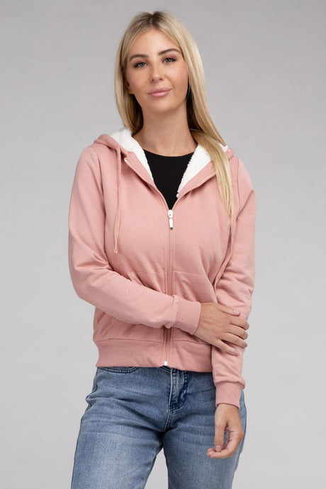 Fuzzy Trim Zip-Up Crop Hoodie king-general-store-5710.myshopify.com