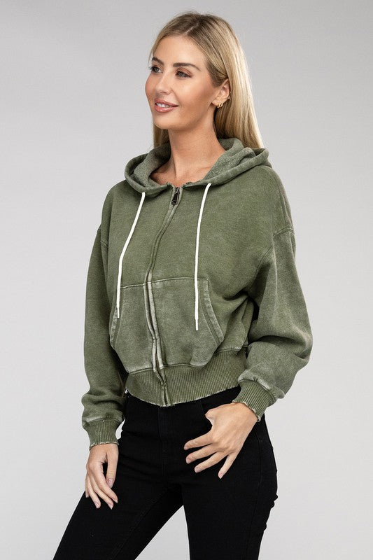 Acid Wash Fleece Cropped Zip-Up Hoodie king-general-store-5710.myshopify.com