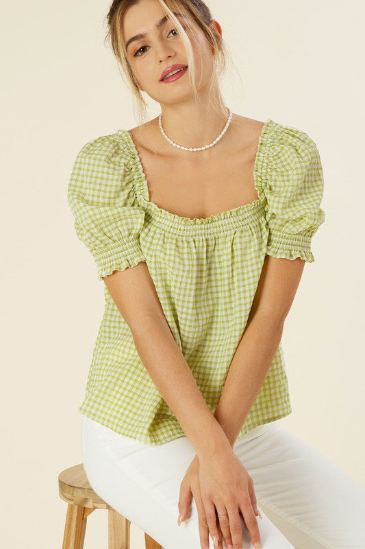 Green Gingham Smocked Blouse with Puff Sleeve king-general-store-5710.myshopify.com