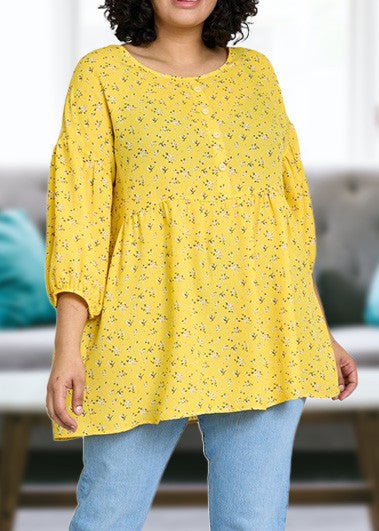 Lightweight Button Accent Ditsy Floral Tunic Top