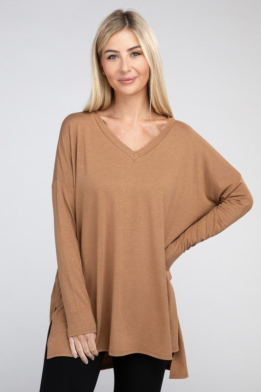 Dolman Long Sleeve V-Neck Side Slit Hi-Low Hem Top king-general-store-5710.myshopify.com