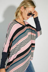 MULTI ENGINEERING STRIPE PRINT JERSEY OVERSIZE BOX TOP