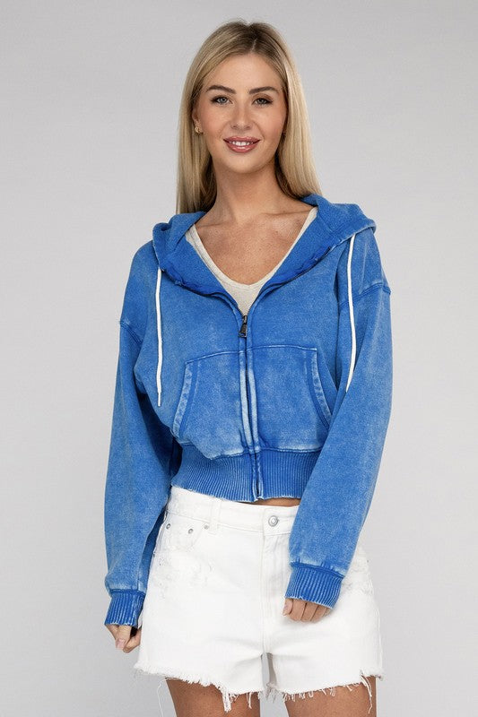 Acid Wash Fleece Cropped Zip-Up Hoodie king-general-store-5710.myshopify.com