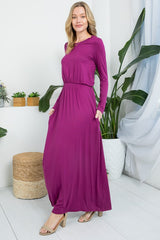 Solid Long Sleeve Elastic Waist Maxi Dress