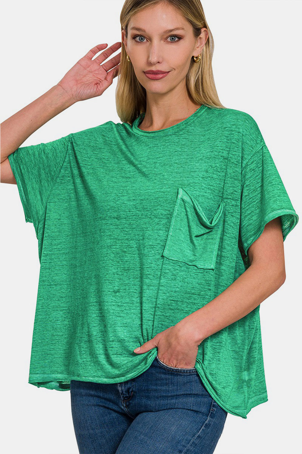 Zenana Pocketed Round Neck Dropped Shoulder T-Shirt