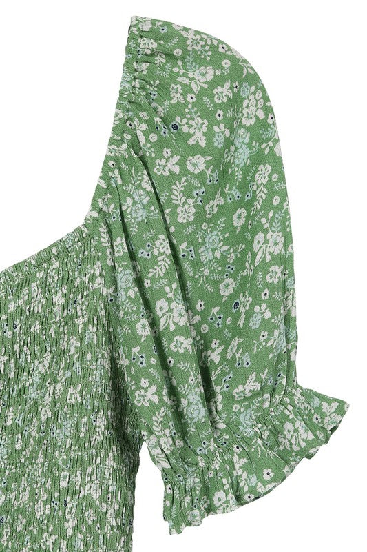 Green Floral Print Puff Sleeve Smock Top king-general-store-5710.myshopify.com