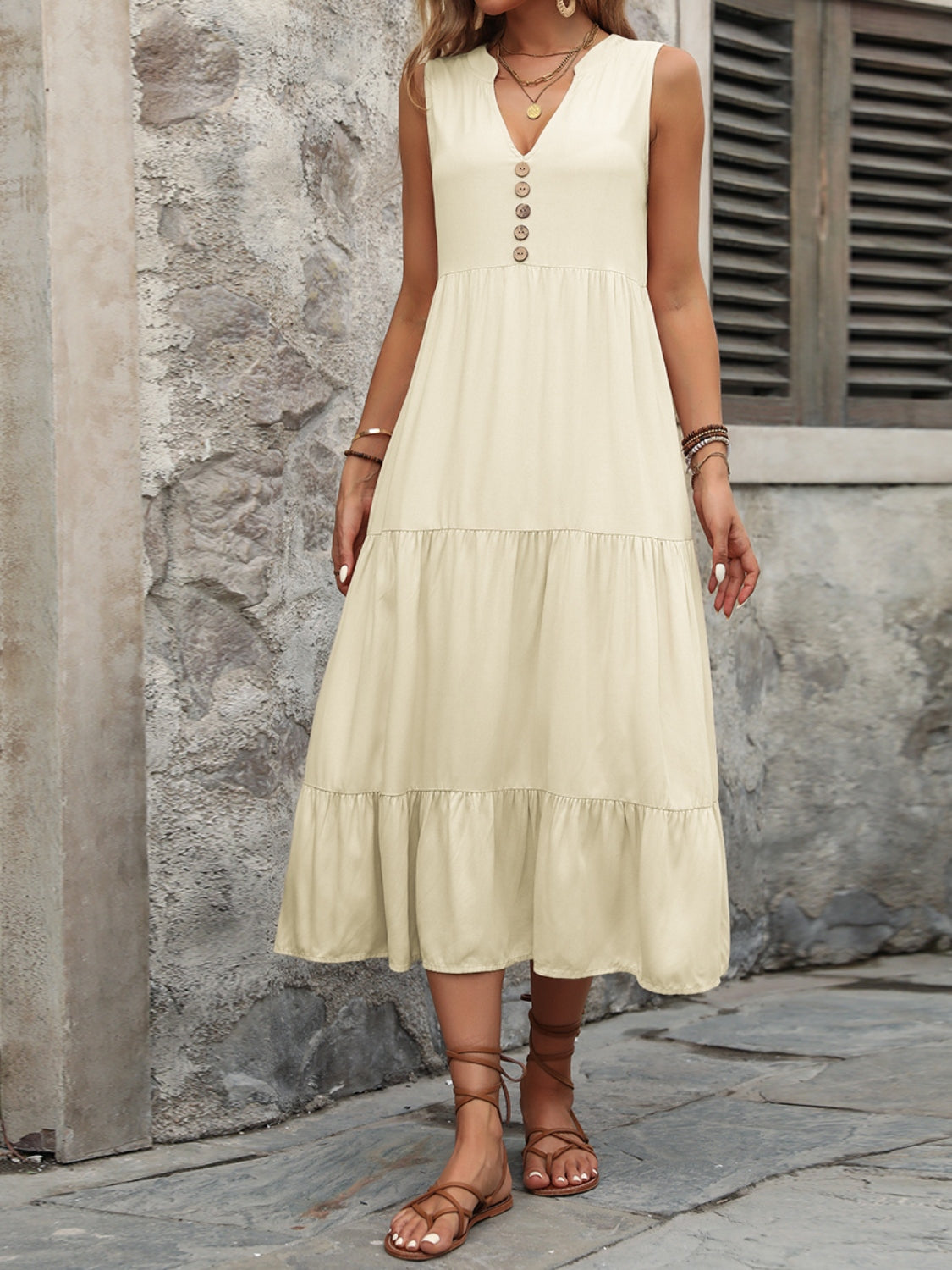 Ivy Lane Decorative Button Notched Sleeveless Dress