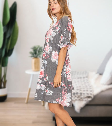 Floral V Neck Ruffle Dress