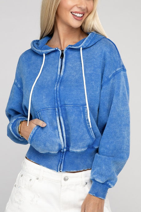 Acid Wash Fleece Cropped Zip-Up Hoodie king-general-store-5710.myshopify.com