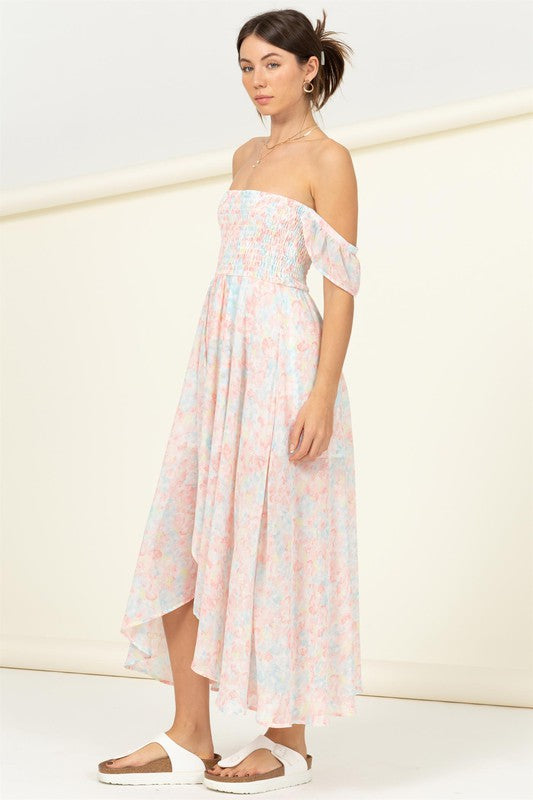 Off The Shoulder Pastel Floral Smocked Midi Dress