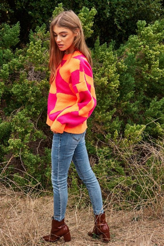 Multi Geo Checker Pullover Knit Sweater Top king-general-store-5710.myshopify.com