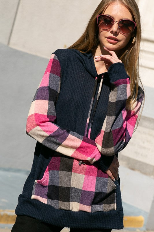 PLAID MIXED HOODIE SWEATSHIRT