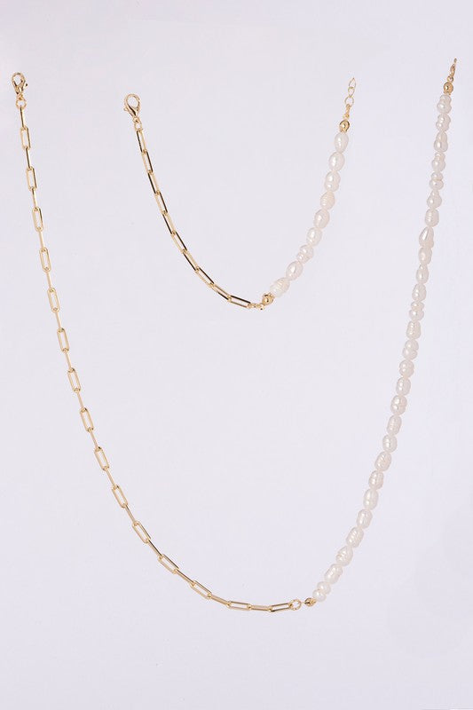 Natural Pearl Chain Bracelet and Necklace Set - Gold king-general-store-5710.myshopify.com