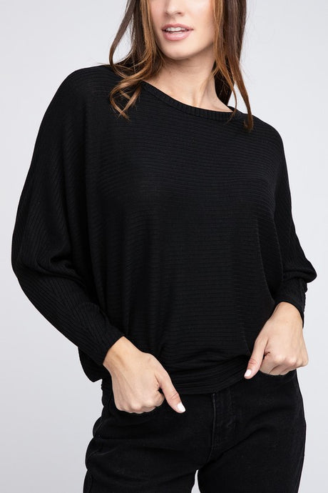 Ribbed Batwing Long Sleeve Boat Neck Sweater king-general-store-5710.myshopify.com