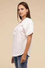 Raw Edge Detailed Button Closure Short Sleeve Top