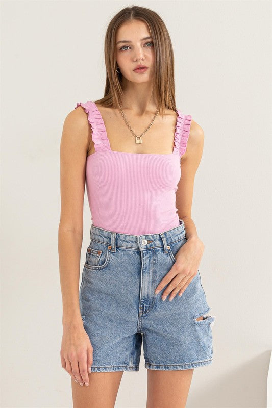 Ribbed Ruffle Strap Sleeveless Bodysuit