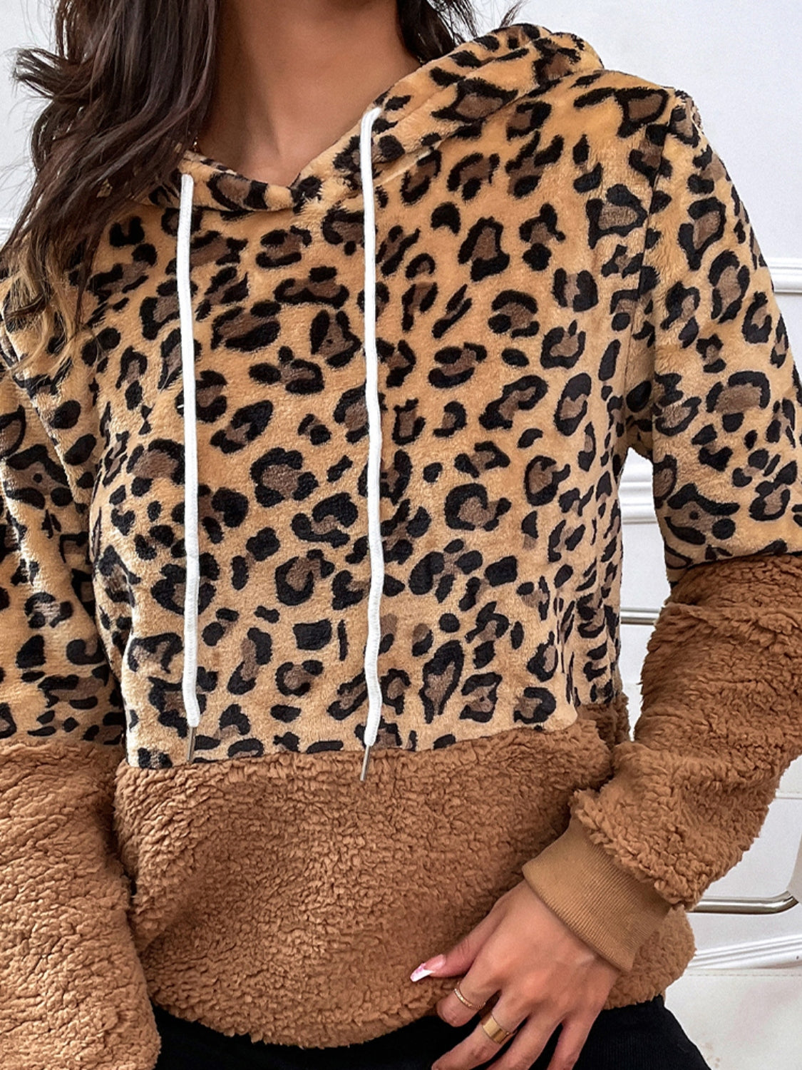 Shiny Leopard Drawstring Long Sleeve Hoodie