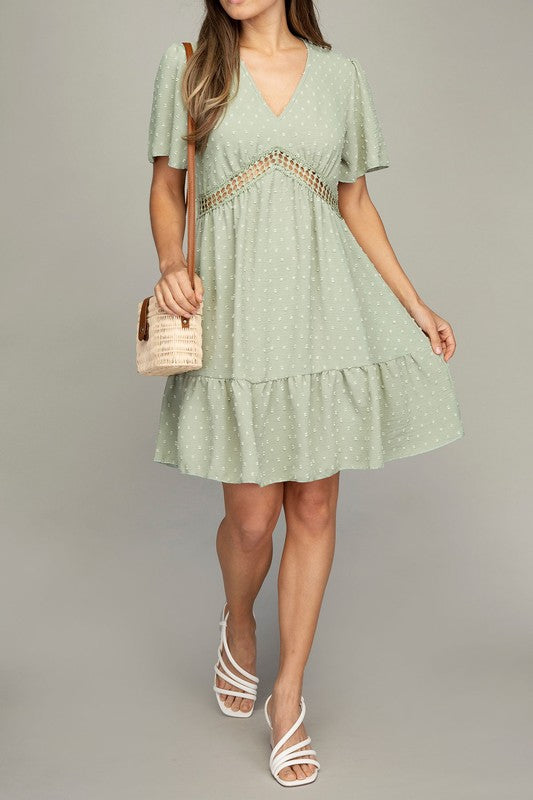 V-Neck Mini Dress with Lace Trim