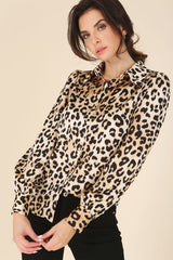 Long Sleeve Satin Leopard Blouse