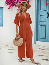 Honey Decorative Button V-Neck Half Sleeve Jumpsuit