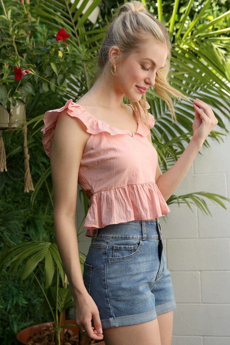 Pink Open Back Tie Peplum Top with Ruffle Trim king-general-store-5710.myshopify.com