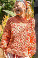 Coral Tangerine POL Mock Neck Cable Knit Sweater